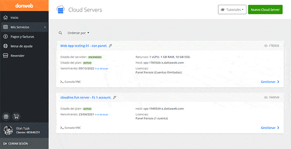 Panel de Cloud Servers de Donweb mostrando la creación de un servidor con stacks como Django, GitLab, LAMP y NodeJS